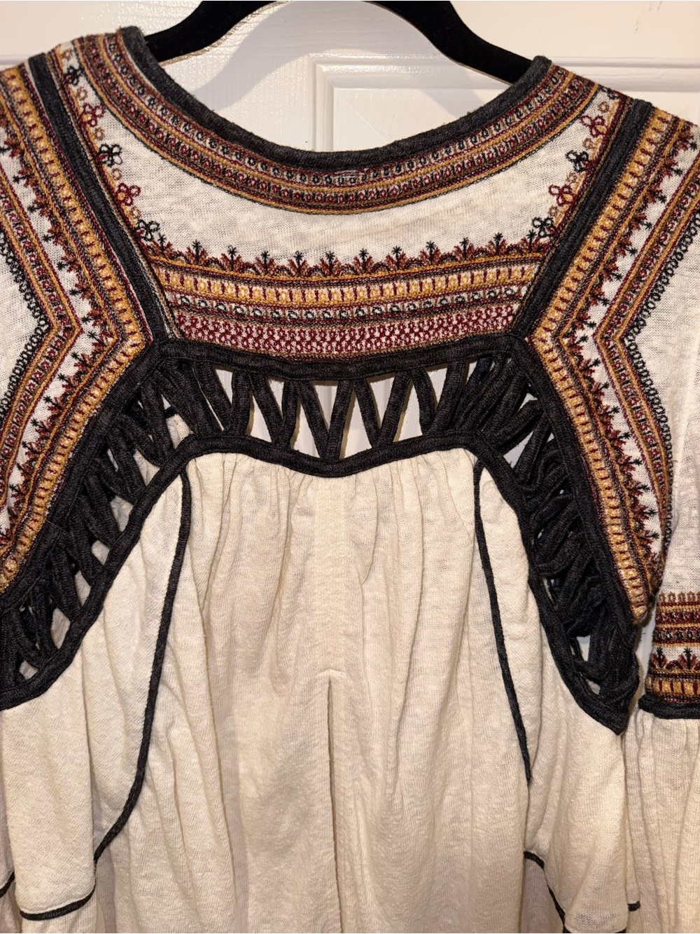 Free People Cream Snow Kisses - Boho Embroidered Tunic with Black Trim - Picture 10 of 14